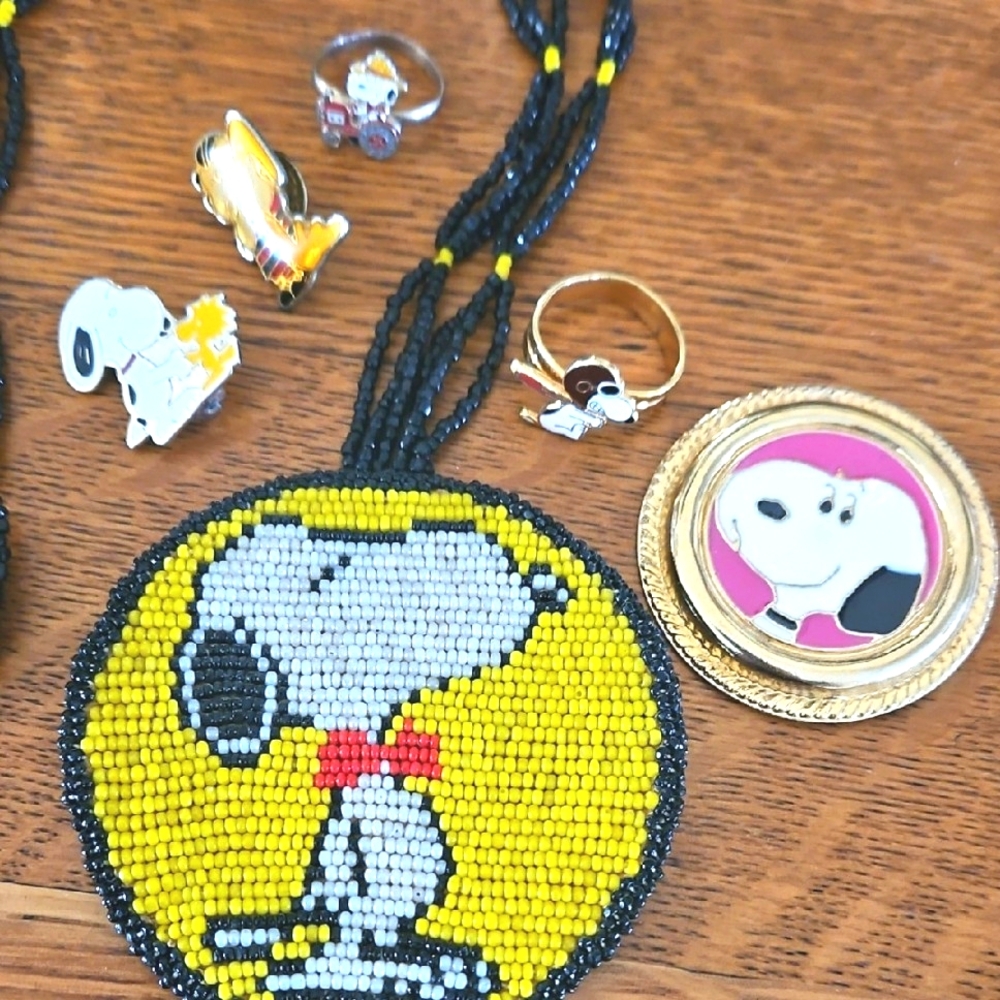 Snoopy Vintage Jewelry Lot Rings, Necklace, Pins & Scarf Clip 60s To 80s